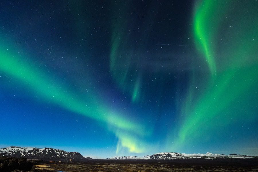 Northern Lights seen in Þingvellir National Park in Iceland.