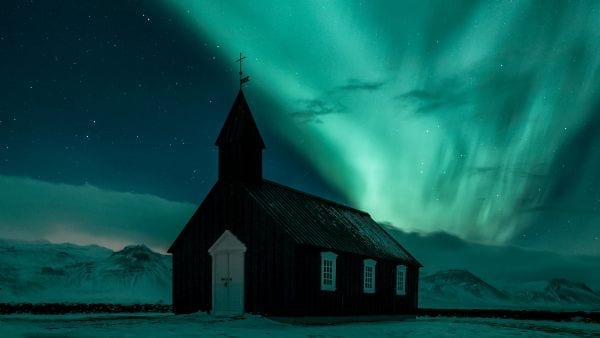 church and northern lights