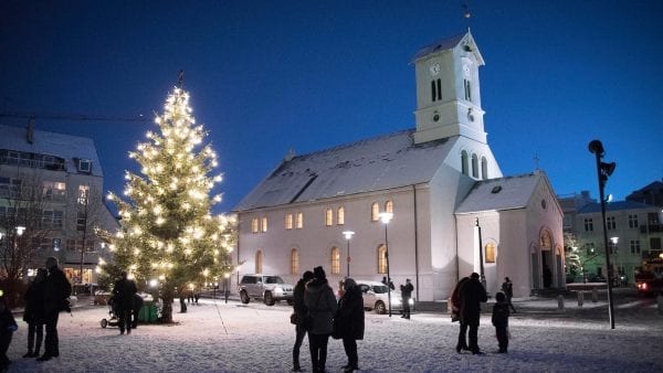 Church and decorated tree in Iceland
