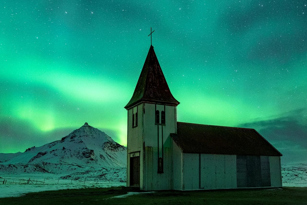 church and aurora borealis