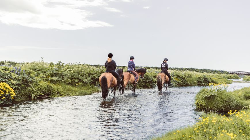 3 people riding a horses in the river
