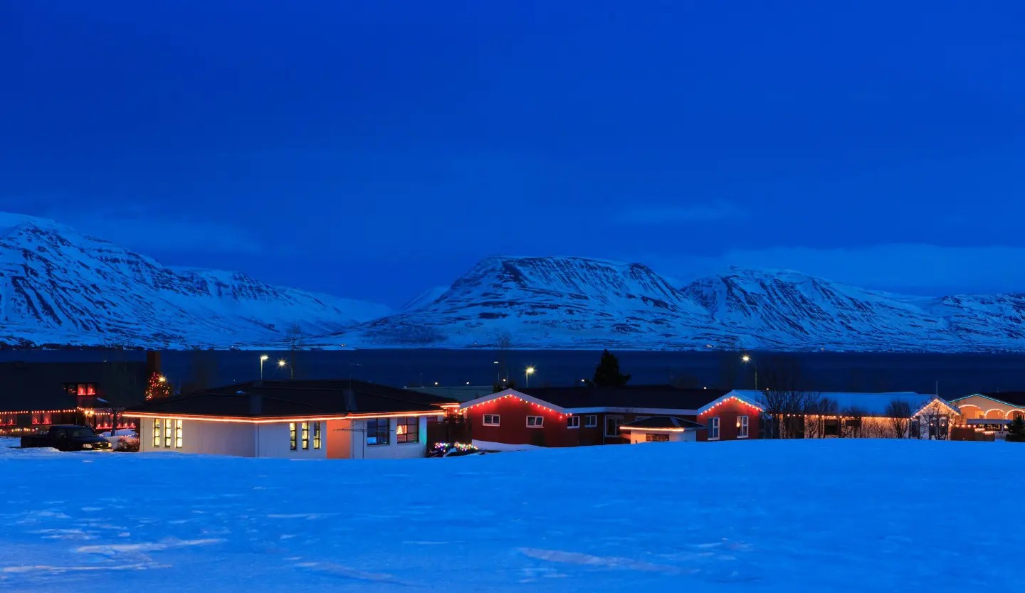 Typical Icelandic houses with Christmas decorations.