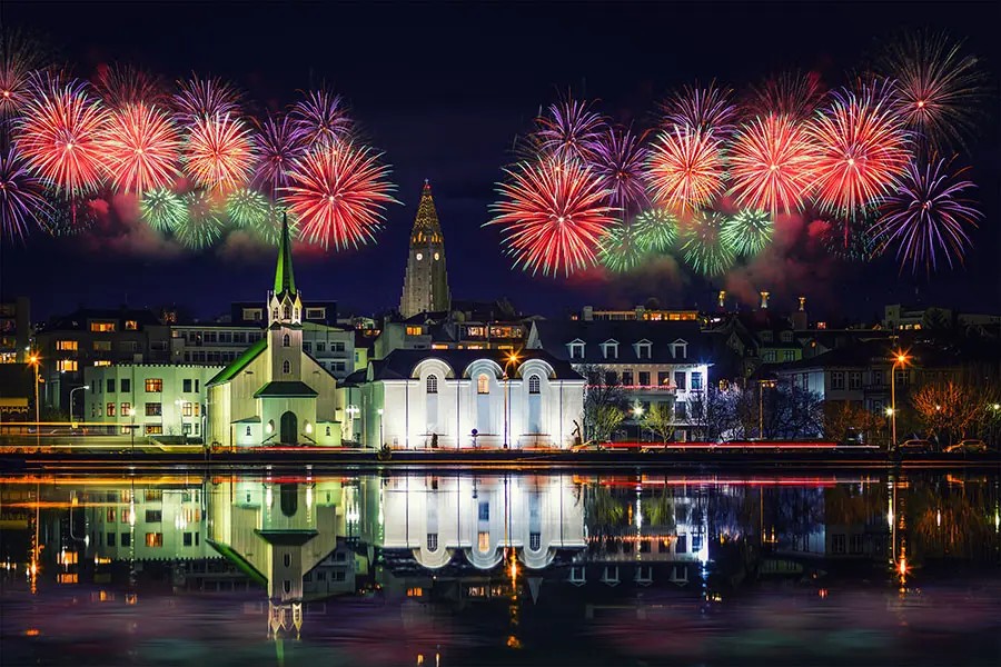 fireworks in the sky over reykjavík iceland