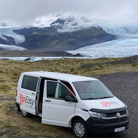 View on glacier with campervan on the front