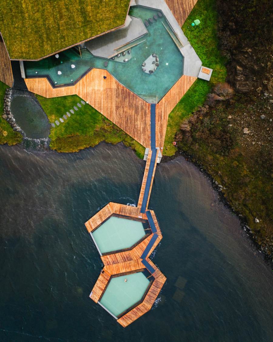Two swimming pools floating on the lake.