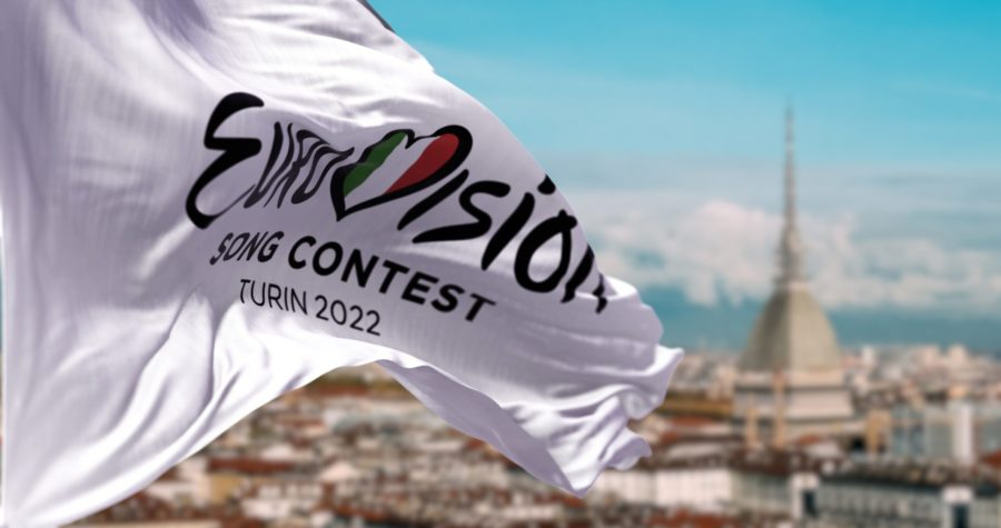 the white flag with the Eurovision Song Contest 2022 logo waving