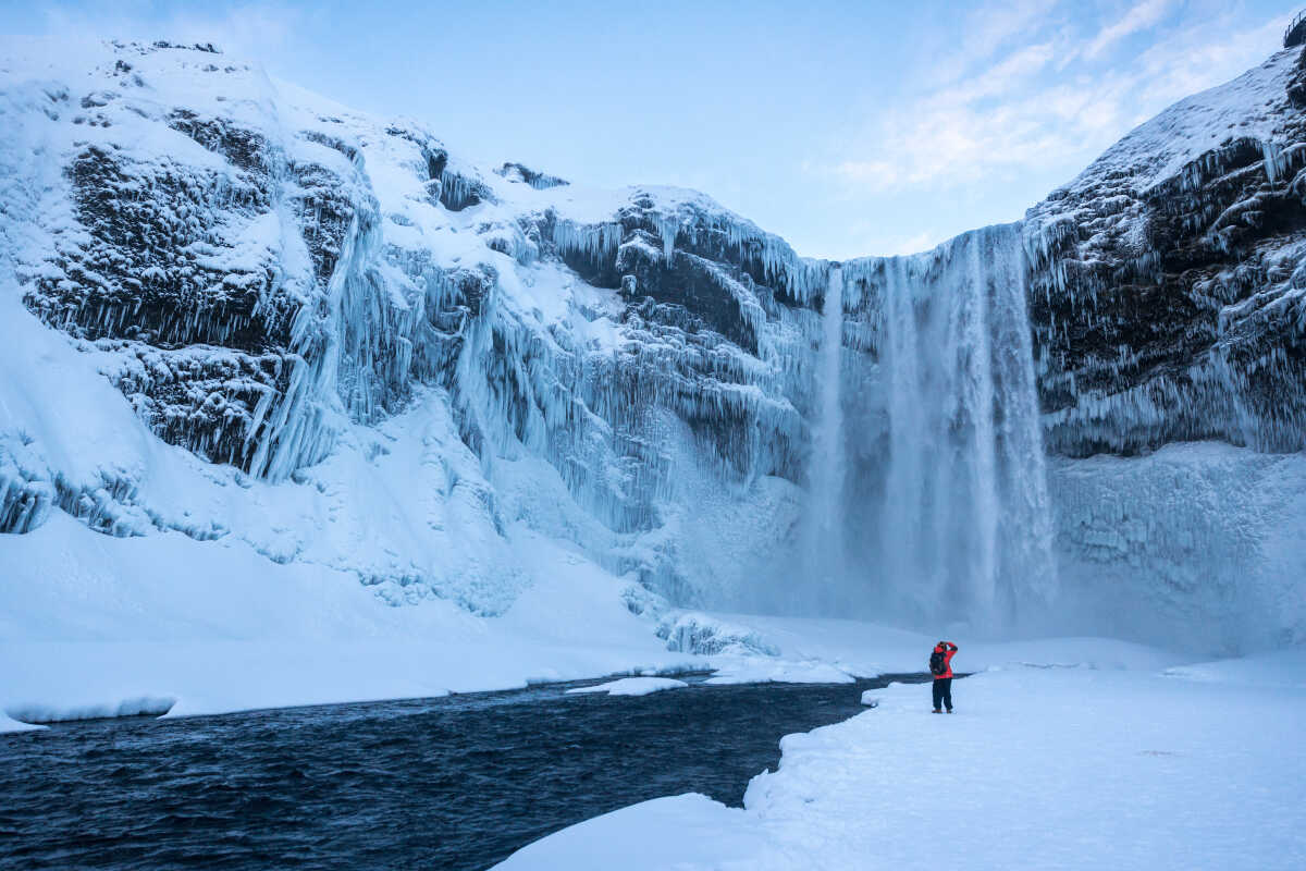 A waterfall in a winter scenery