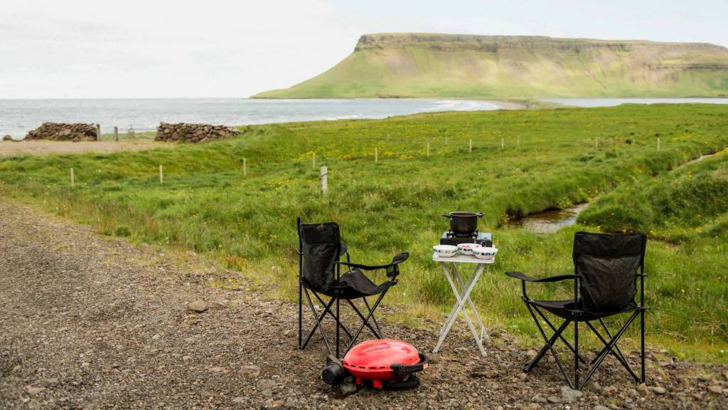 Camping equipment next to the campsite field