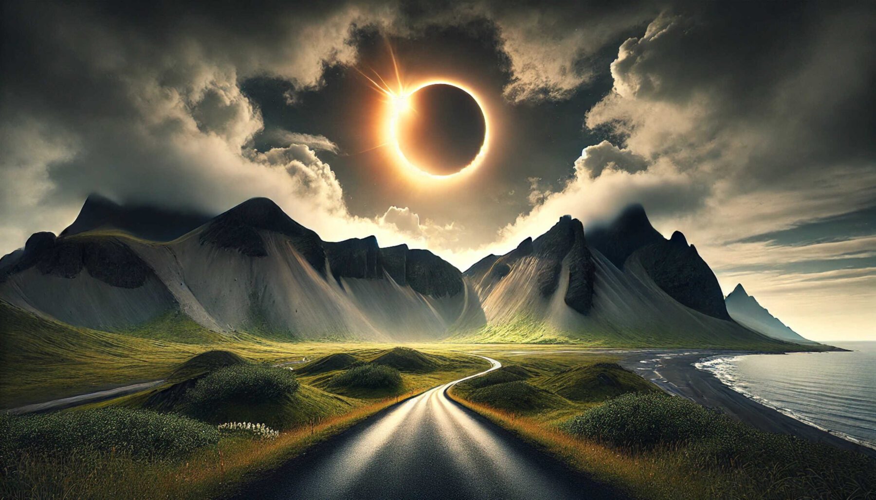 Picture of Iceland Solar Eclipse 2026 above the Icelandic Mountains and black sand beach