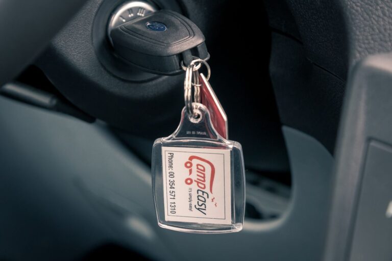 Camper keys with a key ring with the CampEasy company logo.