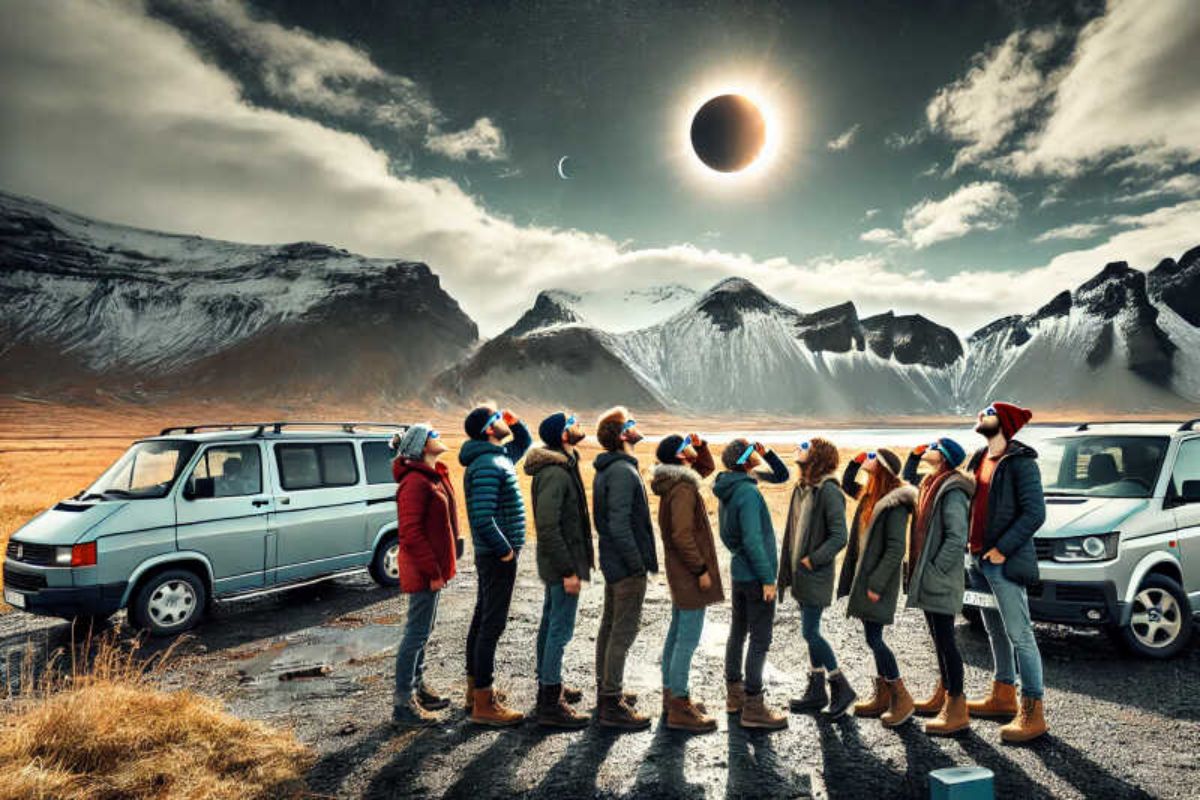 A group of people stands in a line outdoors, all wearing winter clothing and solar eclipse glasses, looking up at the sky to observe a solar eclipse. The setting features a dramatic landscape with snow-covered mountains and a vast, open field. Two camper vans are parked nearby, suggesting an adventurous excursion. The eclipse casts a dark shadow over the area, creating a stunning contrast against the illuminated ring of the sun.