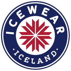 Icewear Iceland logo featuring a red snowflake emblem within a blue circle.