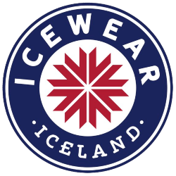 Icewear Iceland logo featuring a red snowflake emblem within a blue circle.