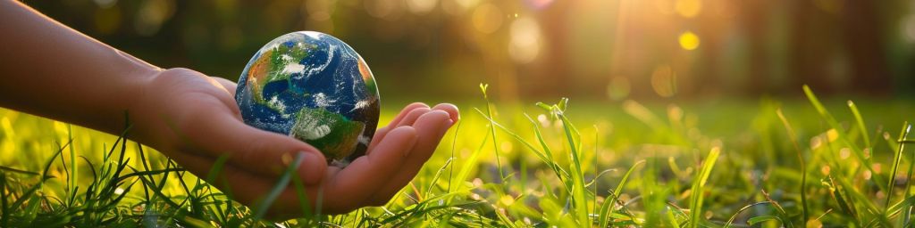 A hand holding a miniature Earth globe on a grassy field, representing responsible and sustainable tourism.