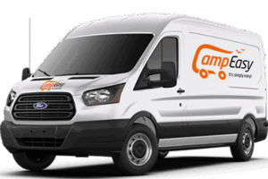 Ford campervan with branded logo on the front and side of the car