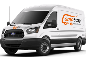 Ford campervan with branded logo on the front and side of the car