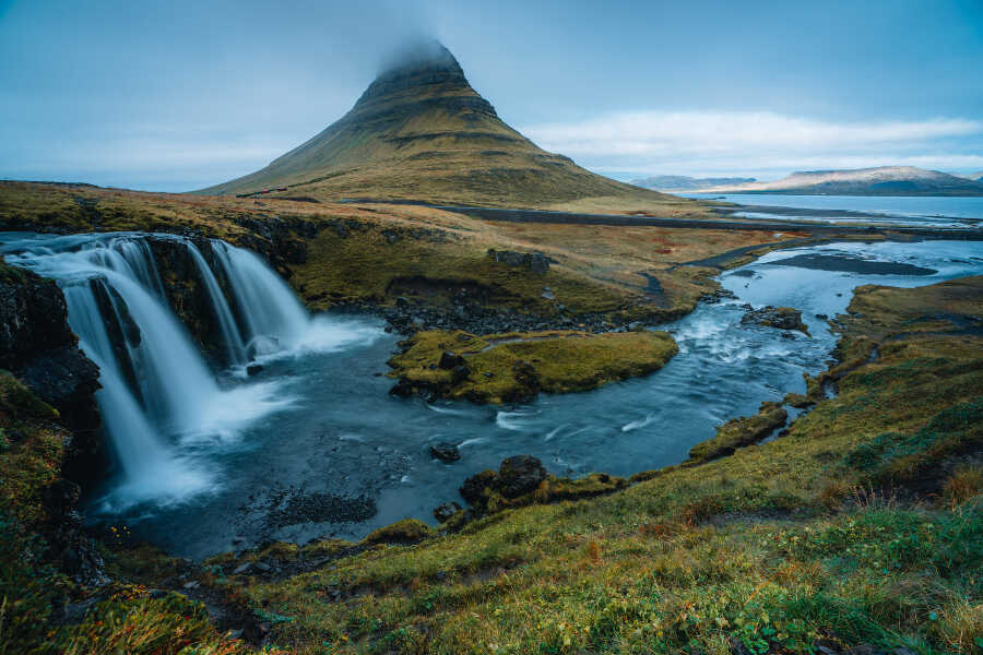 Waterfall and famous mountain