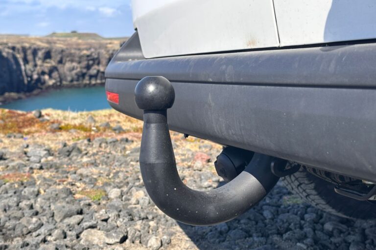 Tow hitch in the back of the campervan.