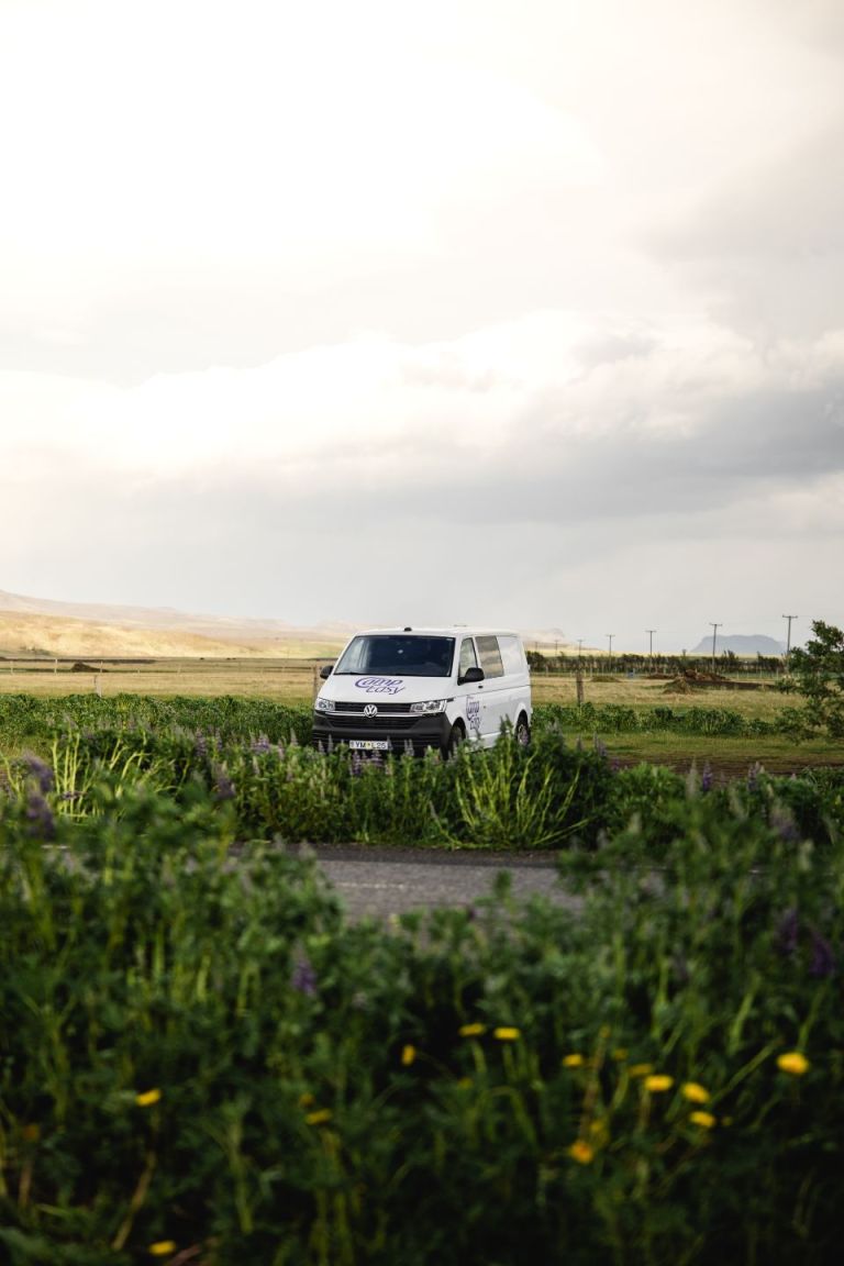A white camper van parked on the green field next to violet lupins with green hills in the background.