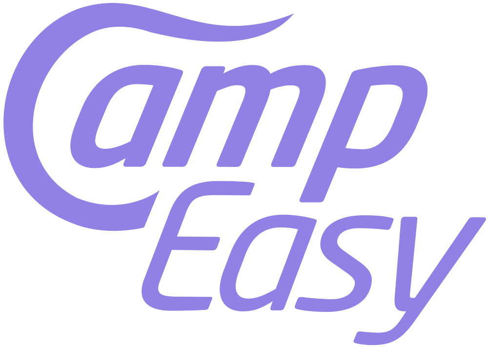Logo for "CampEasy" featuring stylized purple text that combines "Camp" and "Easy" in a playful font design.