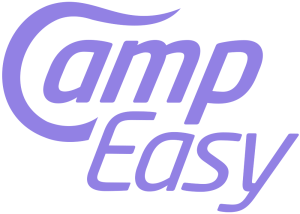 Logo for "CampEasy" featuring stylized purple text that combines "Camp" and "Easy" in a playful font design.