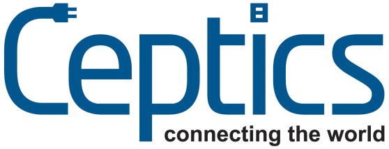 Logo of Ceptics, featuring the word "Ceptics" in blue, with a plug graphic and tagline "connecting the world" below.