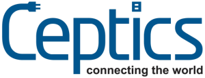 Logo of Ceptics, featuring the word "Ceptics" in blue, with a plug graphic and tagline "connecting the world" below.