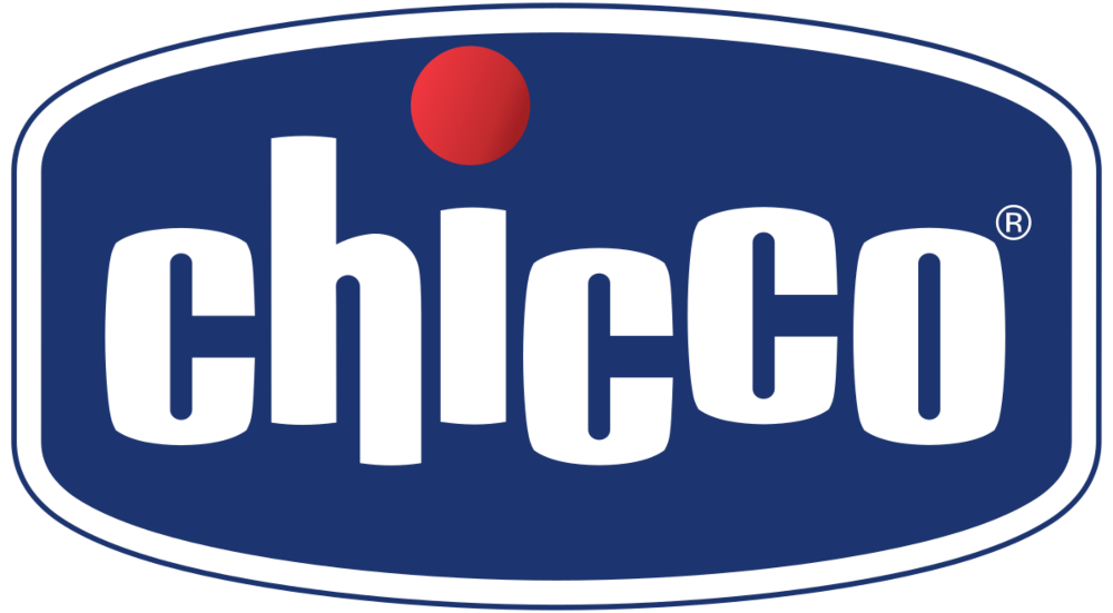 Chicco logo featuring white lowercase text on a blue background, with a red dot above the "i" and a registered trademark symbol.