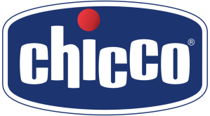 Chicco logo featuring white lowercase text on a blue background, with a red dot above the "i" and a registered trademark symbol.