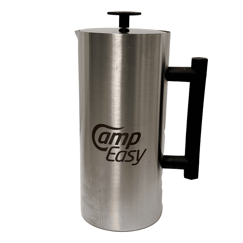 Metallic coffee press with engraved logo
