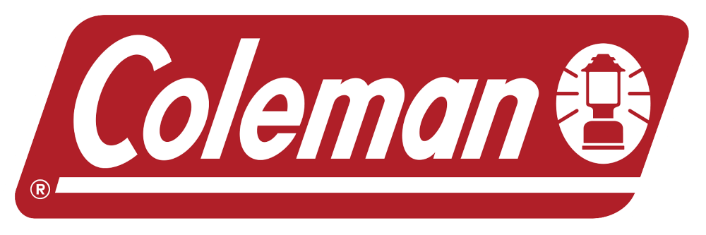 Logo of Coleman, a camping gear brand, featuring bold white text on a red background, with an illustration of a lantern.