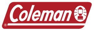 Logo of Coleman, a camping gear brand, featuring bold white text on a red background, with an illustration of a lantern.