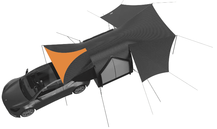 Tesla with a tent attached, featuring an orange highlighted section