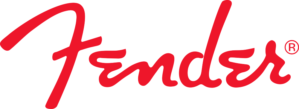 Red Fender logo in a cursive font, symbolizing the iconic guitar and amplifier brand known for its musical instruments.
