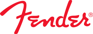 Red Fender logo in a cursive font, symbolizing the iconic guitar and amplifier brand known for its musical instruments.