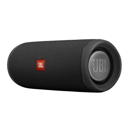 Black JBL speaker with 2 labels of company on it