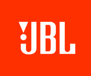 JBL logo displayed in bold white letters on a vibrant orange background, featuring a distinctive triangular accent above the "J".