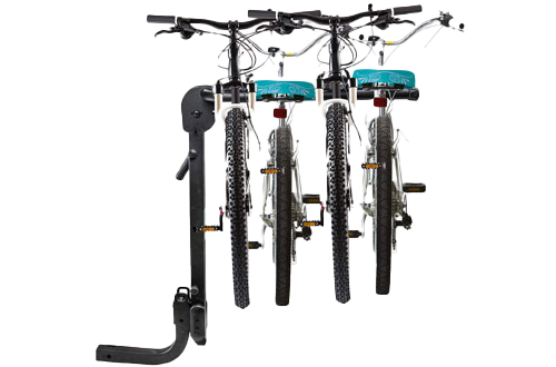 Three bicycles mounted on a black bike rack