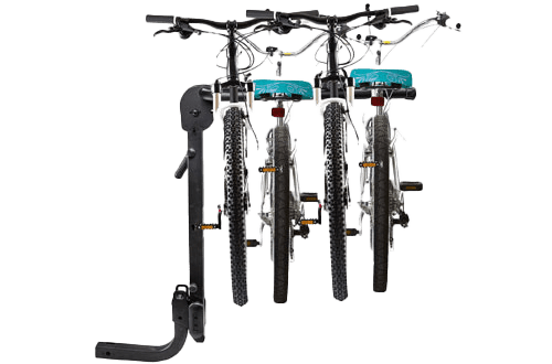 Three bicycles mounted on a black bike rack