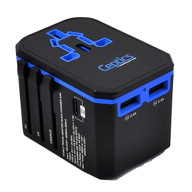 Black-blue travel power adapter