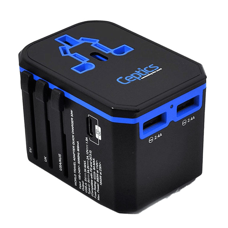 Black-blue travel power adapter