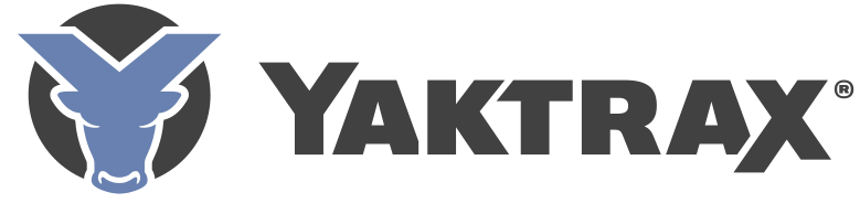 Logo of Yaktrax, featuring a blue stylized "Y" and a cow head on a circular background, accompanied by the brand name in bold lettering.
