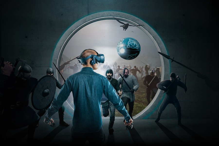 A person wearing a virtual reality headset stands in front of a portal, immersed in a Viking battle scene with warriors holding spears, swords, and shields rushing toward them, creating a thrilling and immersive experience.