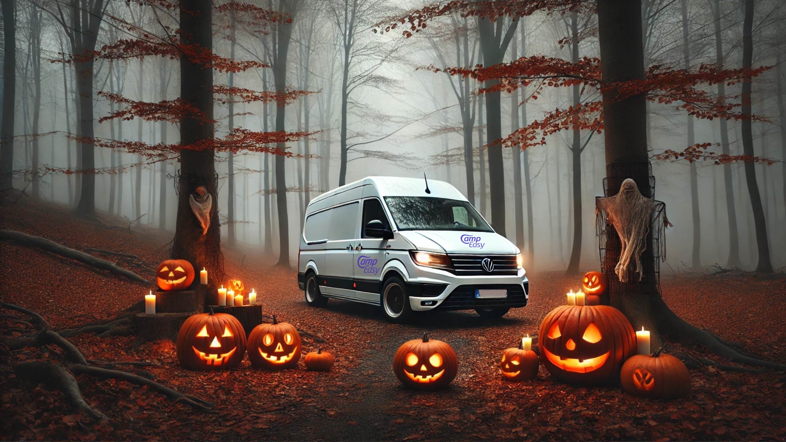 Halloween-themed scene with a white Volkswagen Crafter camper van branded with CampEasy, parked in a misty autumn forest. The surroundings include glowing jack-o'-lanterns, candles, and ghostly decorations, creating a spooky yet enchanting atmosphere in the Icelandic forest.