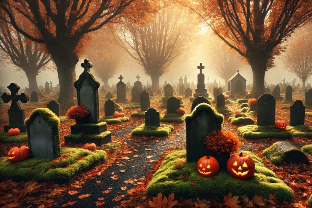 Misty autumn cemetery with moss-covered tombstones and glowing jack-o'-lanterns. The scene is illuminated by soft, diffused sunlight filtering through the trees with autumn leaves, creating a mysterious yet peaceful Halloween ambiance.