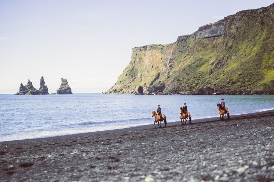 Three riders on Icelandic horses trotting along the black sand beach of Vík in Iceland, with towering green cliffs and the Reynisdrangar sea stacks in the background.