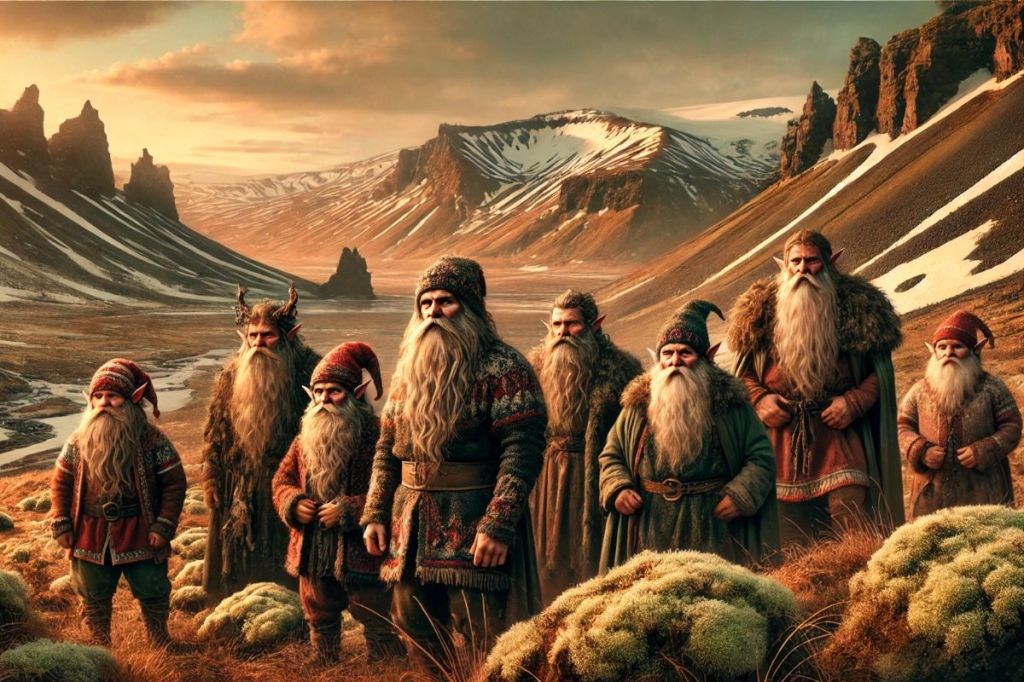 Group of Icelandic Yule Lads (Jólasveinar) depicted in a rugged mountainous landscape, wearing traditional Icelandic attire. The elf-like figures with long beards stand amidst mossy hills and snow-capped peaks, capturing the mystical and folkloric essence of Icelandic Christmas traditions.