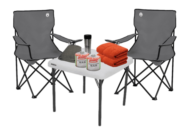 Set of 2 chairs, folding table, 2 towels, 2 gas cylinders, blanket and a travel coffee press