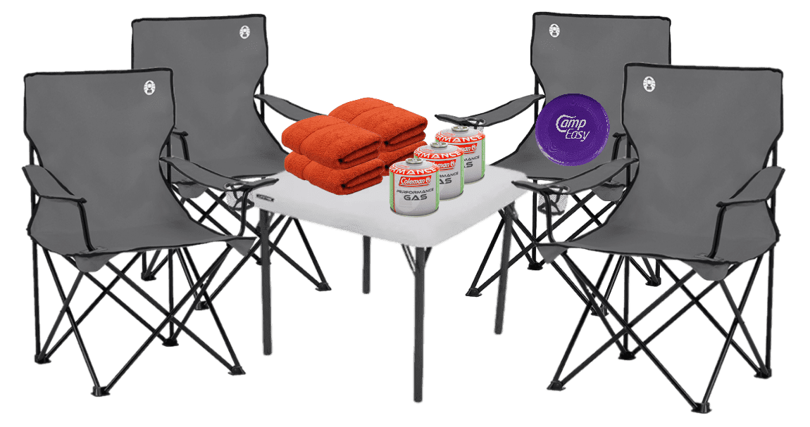 Set of 4 chairs, folding table, 4 towels, 3 gas cylinders and a frisbee