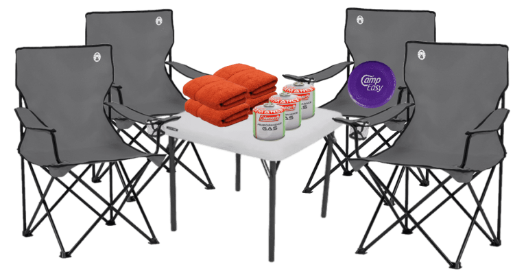 Set of 4 chairs, folding table, 4 towels, 3 gas cylinders and a frisbee